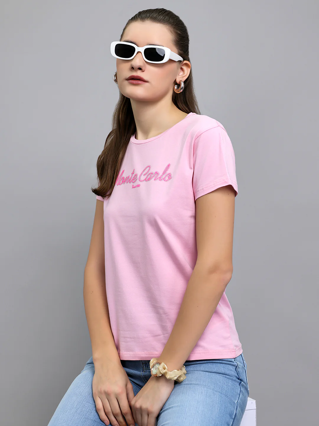 Women Pink Embroidered Round Neck Half Sleeve Top - Image 6