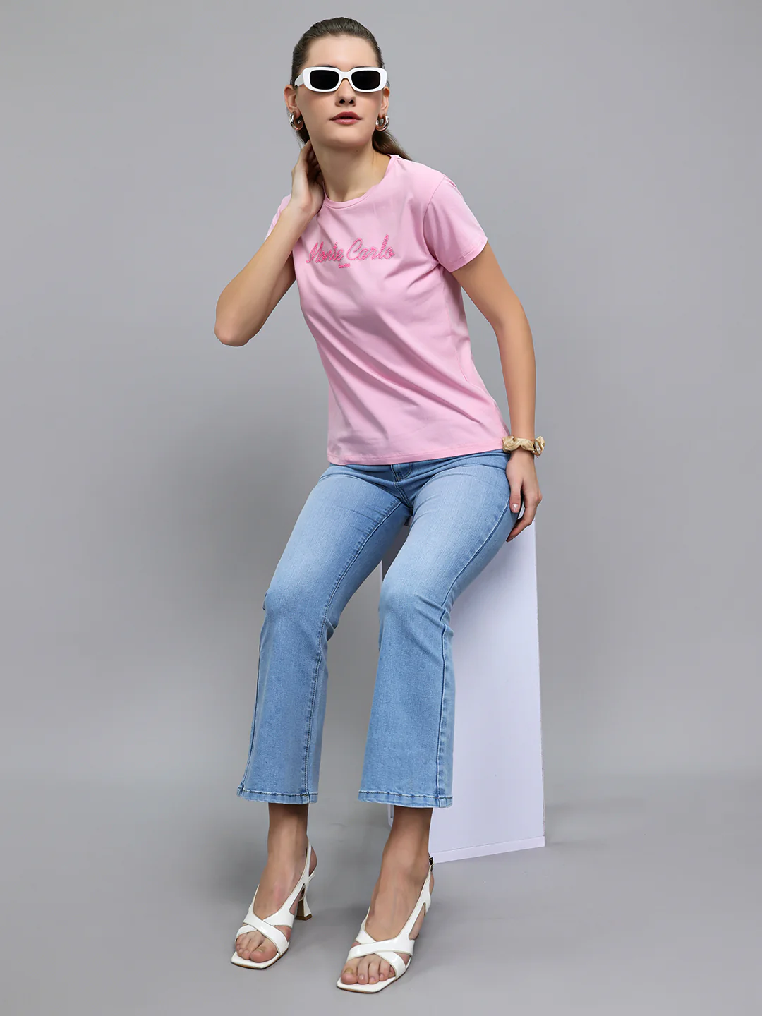 Women Pink Embroidered Round Neck Half Sleeve Top - Image 7