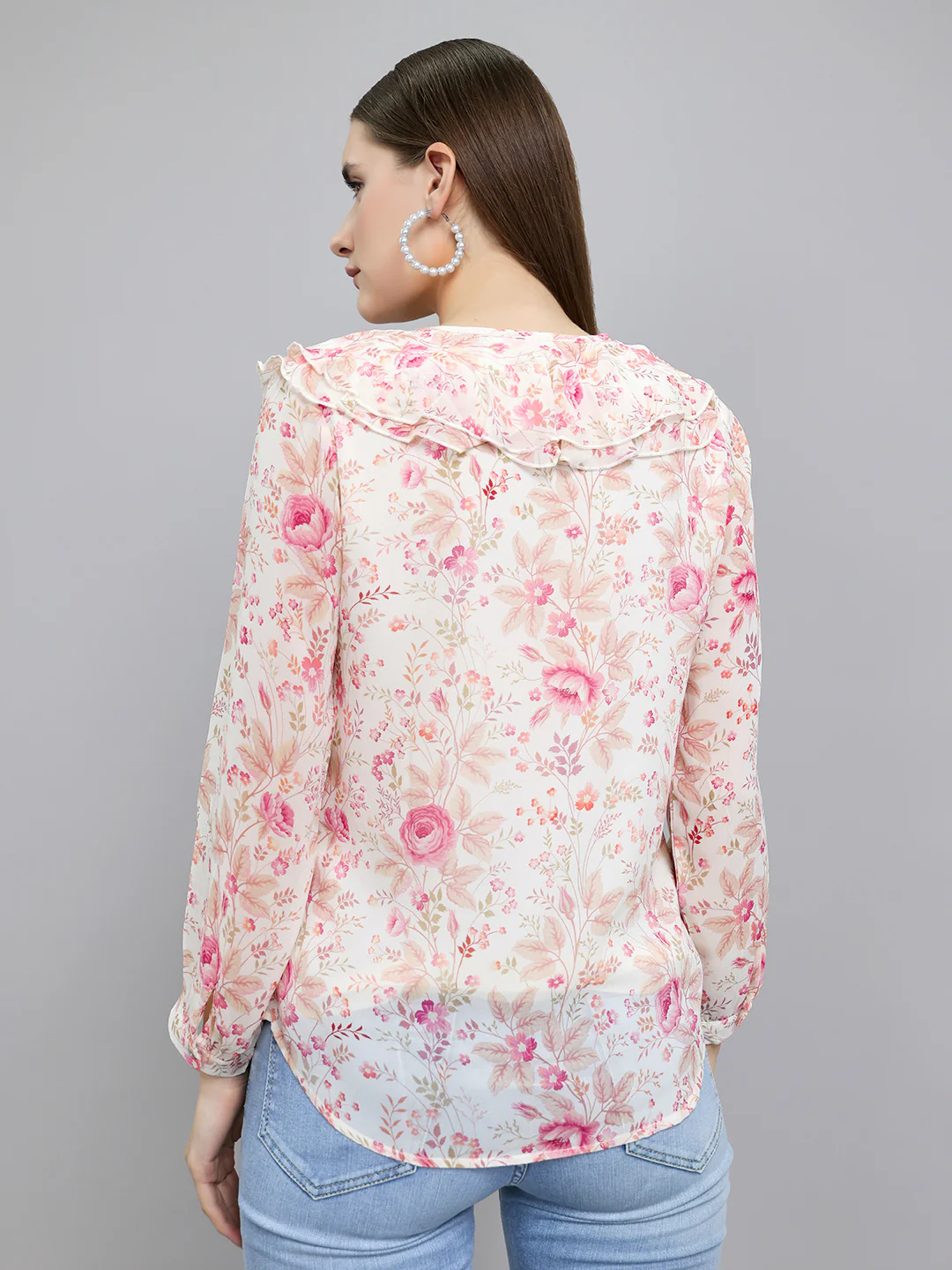 Women Pink Floral Print Fashion Neck Full Sleeve Top - Image 4