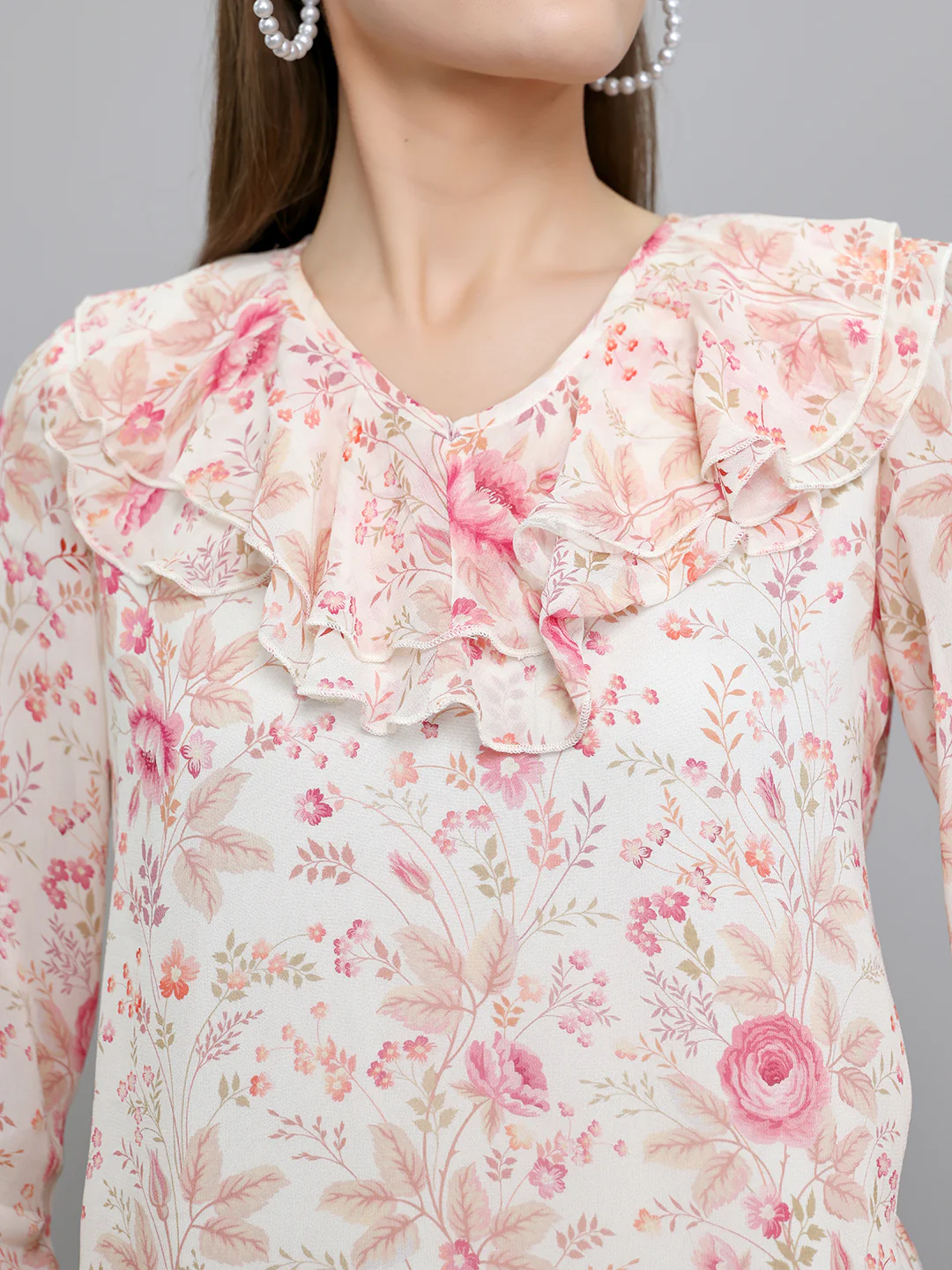 Women Pink Floral Print Fashion Neck Full Sleeve Top - Image 5
