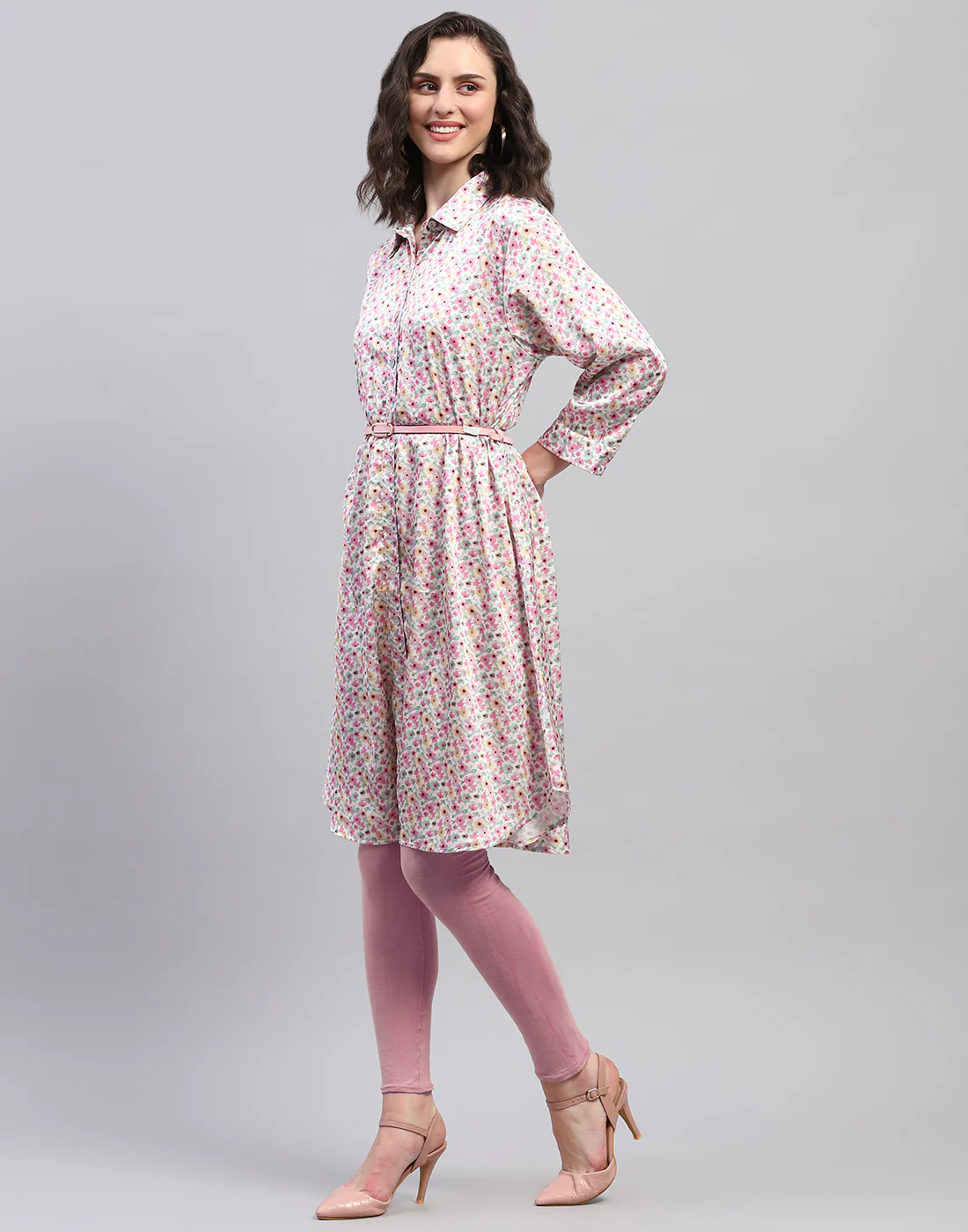 Women Pink Floral Print V Neck 3/4 Sleeve Dress - Image 4