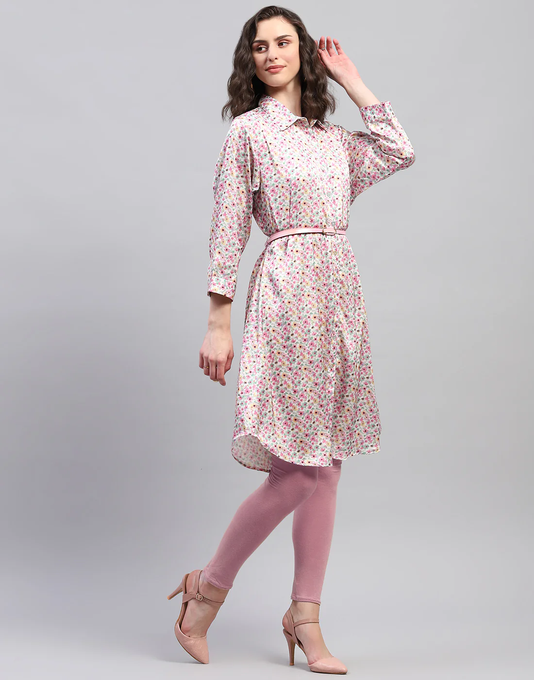 Women Pink Floral Print V Neck 3/4 Sleeve Dress - Image 5