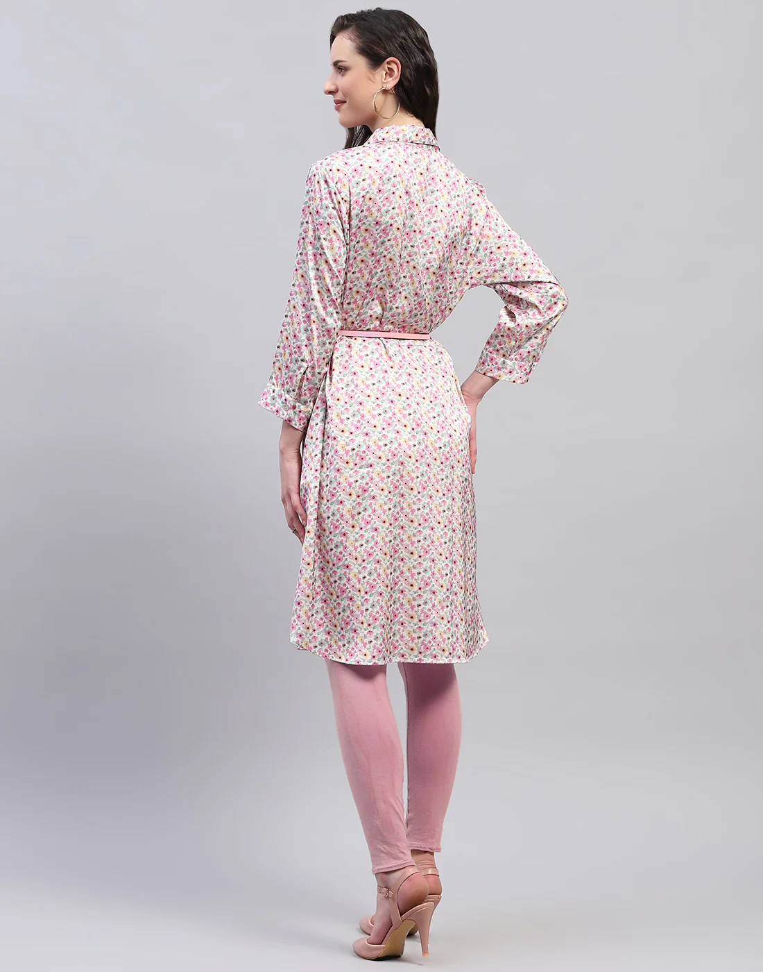 Women Pink Floral Print V Neck 3/4 Sleeve Dress - Image 6
