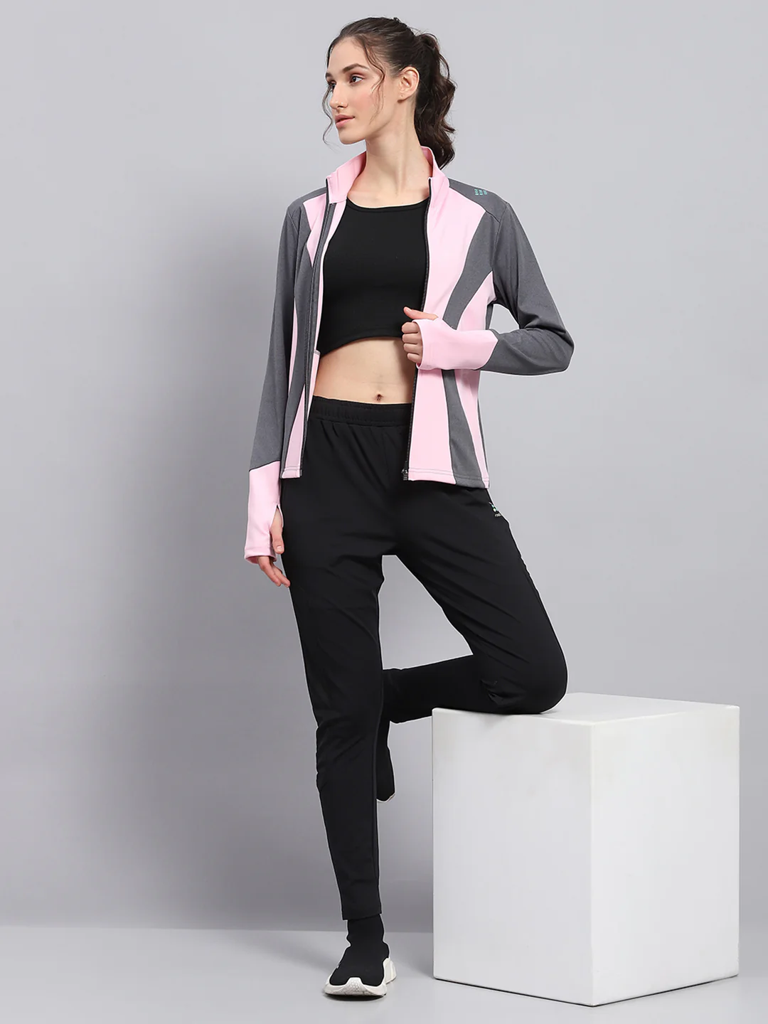 Rock.it Women Pink & Grey Solid Mock Neck Full Sleeve Sweatshirt - Image 2