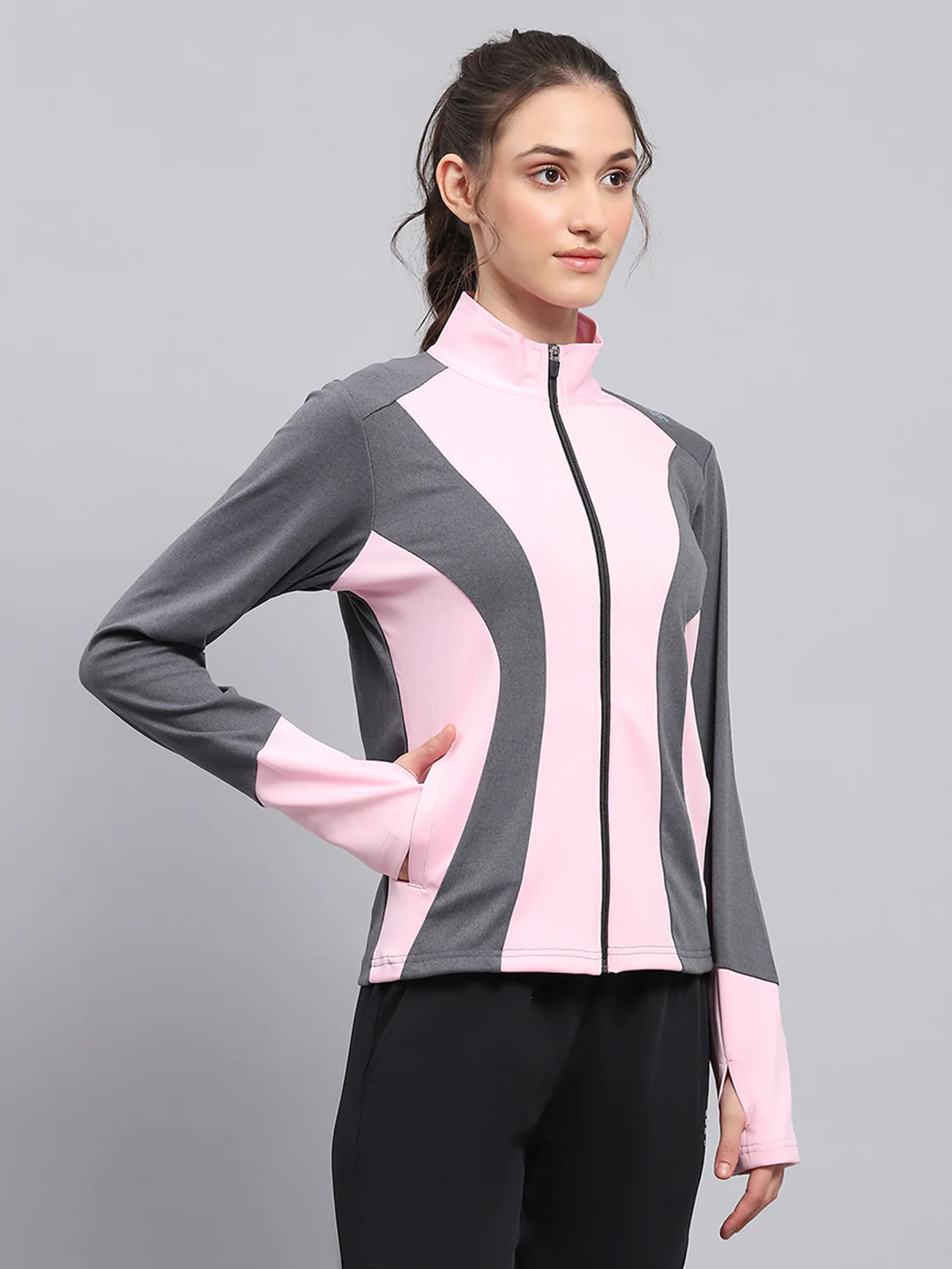 Rock.it Women Pink & Grey Solid Mock Neck Full Sleeve Sweatshirt - Image 4