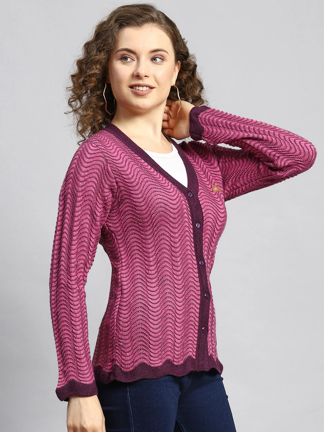 Women Pink Jaquard Cardigan - Image 3
