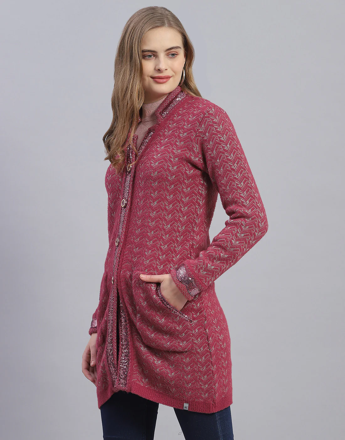 Women Pink Jaquard V Neck Full Sleeve Cardigan - Image 3