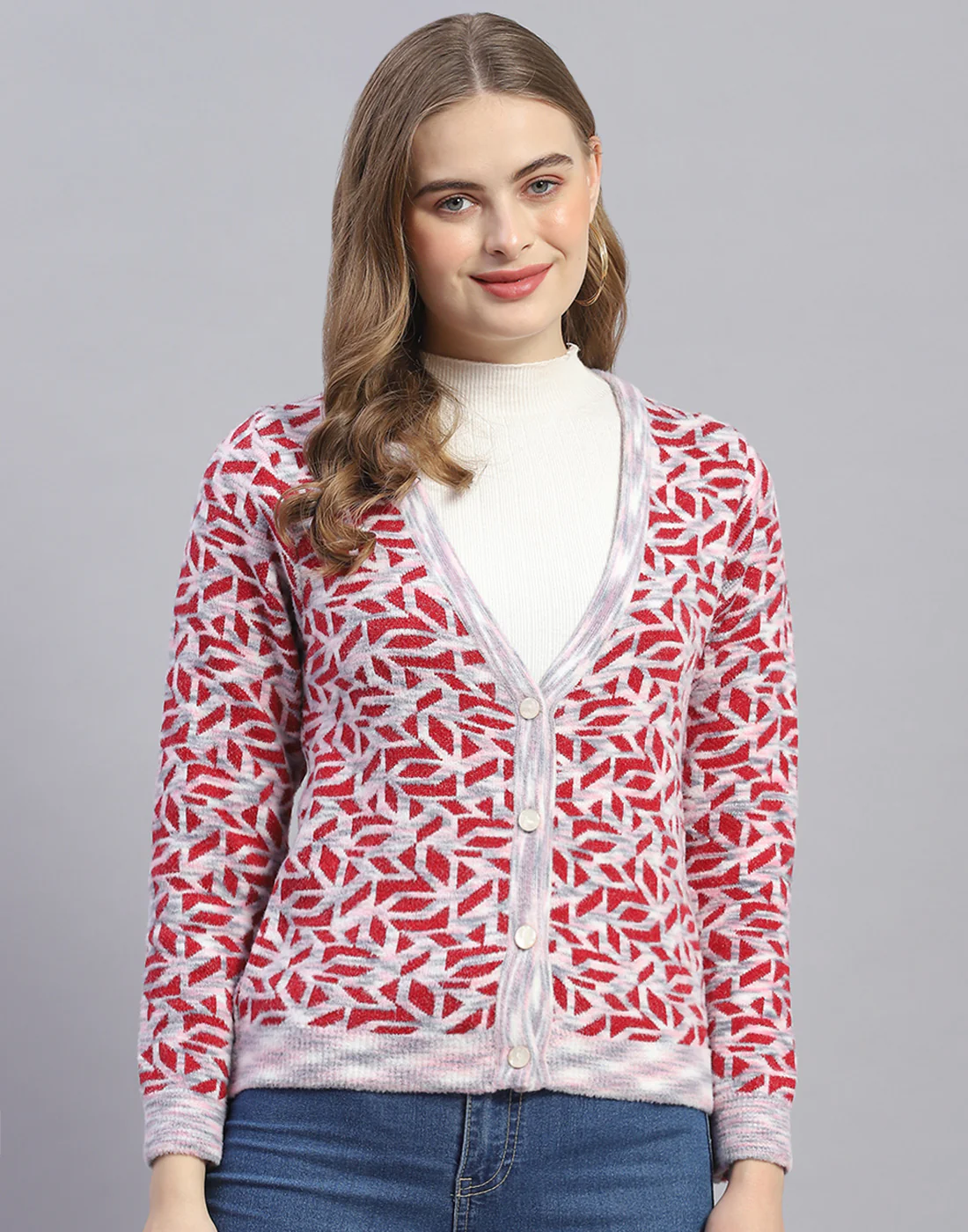 Women Pink Jaquard V Neck Full Sleeve Cardigan - Image 2