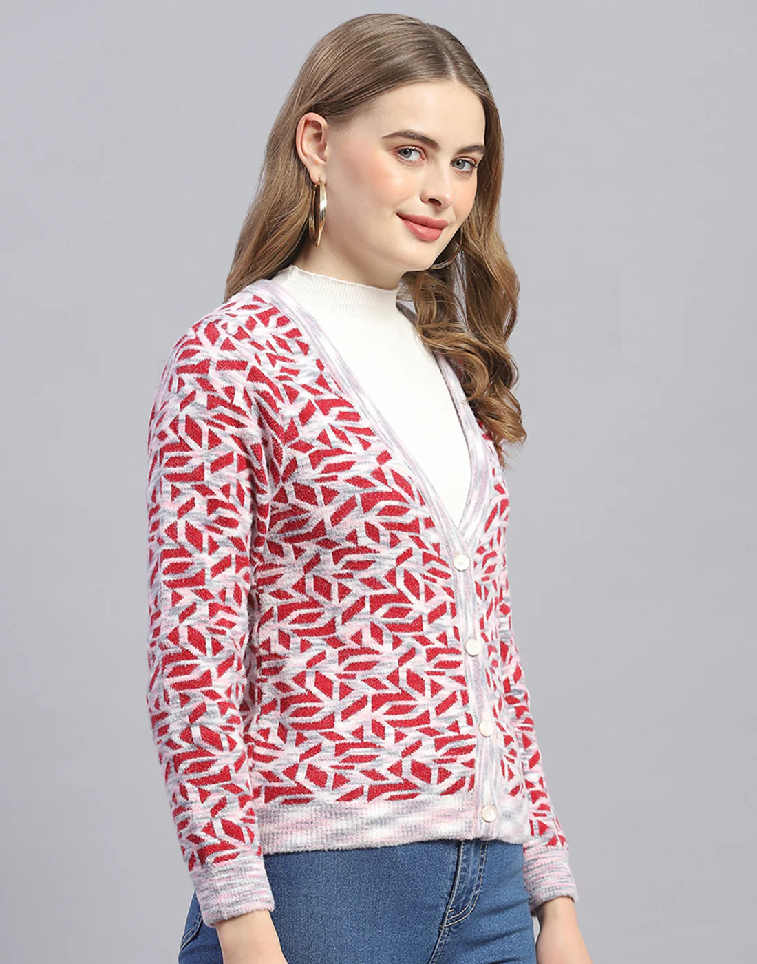 Women Pink Jaquard V Neck Full Sleeve Cardigan - Image 4