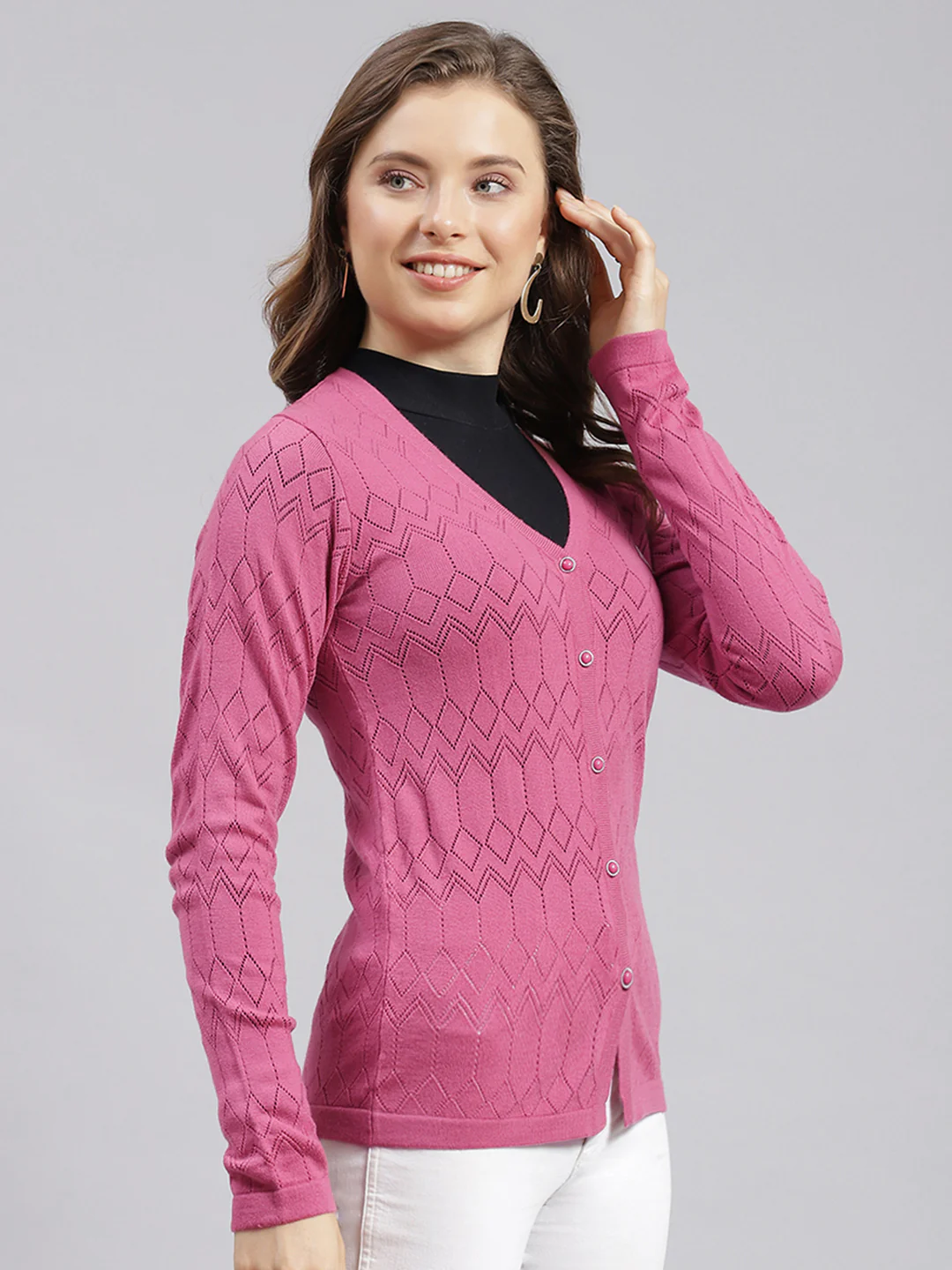 Women Pink Jaquard Wool blend Cardigan - Image 3
