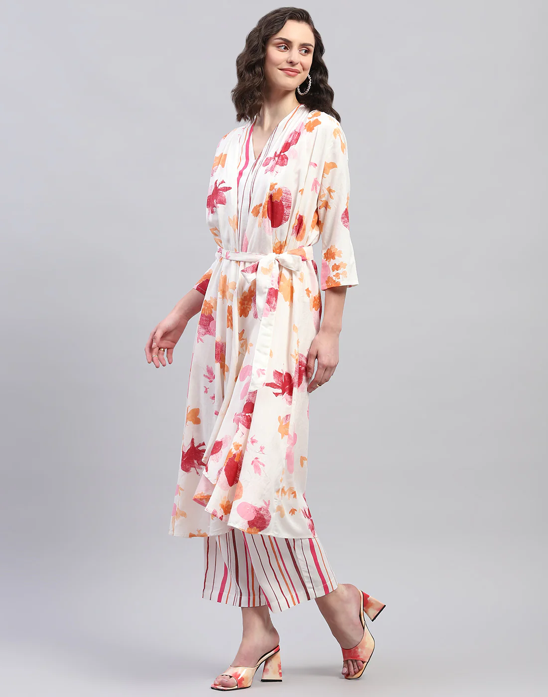 Women Pink & Orange Printed V Neck 3/4 Sleeve Combo 3Pc Set - Image 4