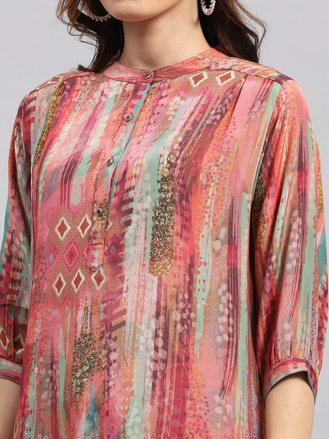 Women PINK Printed Band Collar 3/4 Sleeve Tunic - Image 2