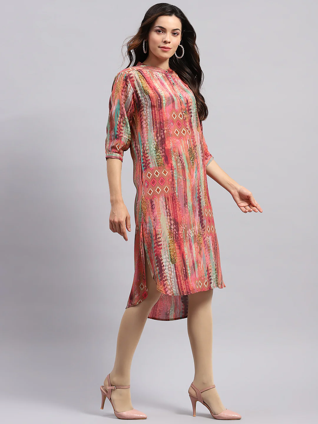 Women PINK Printed Band Collar 3/4 Sleeve Tunic - Image 5