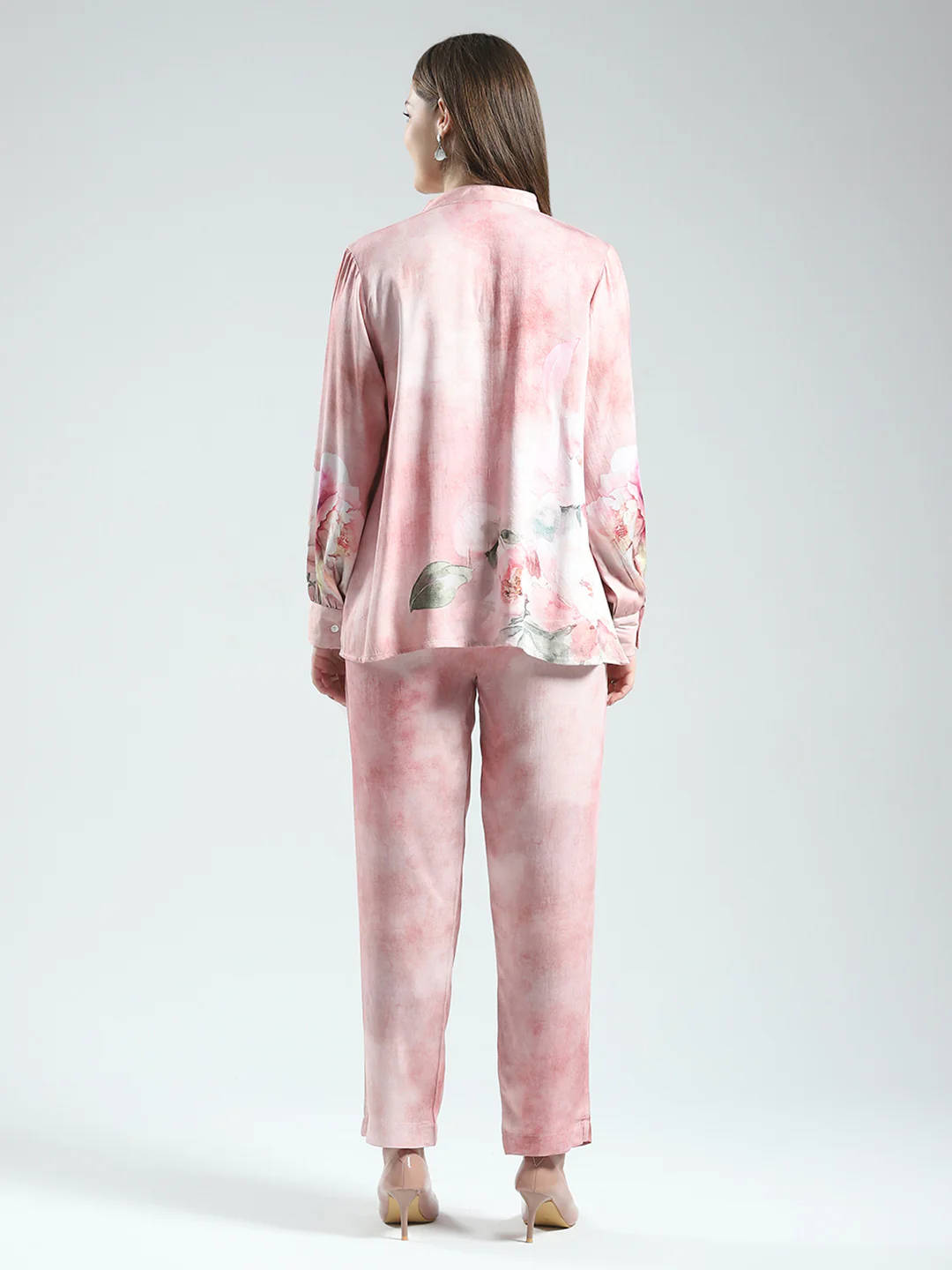 Women Pink Printed Band Neck Full Sleeve Cords Set - Image 6