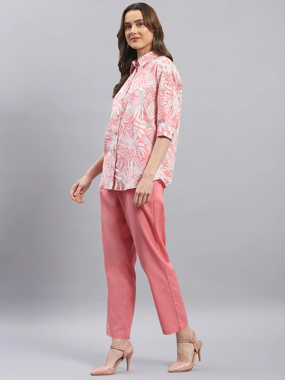 Women Pink Printed Collar 3/4 Sleeve Cords Set - Image 4
