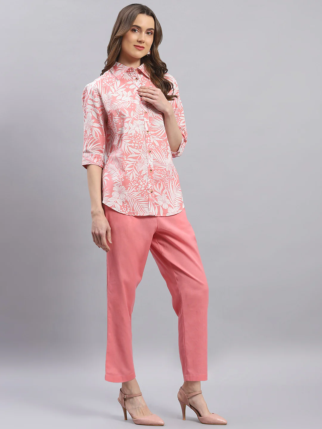 Women Pink Printed Collar 3/4 Sleeve Cords Set - Image 5