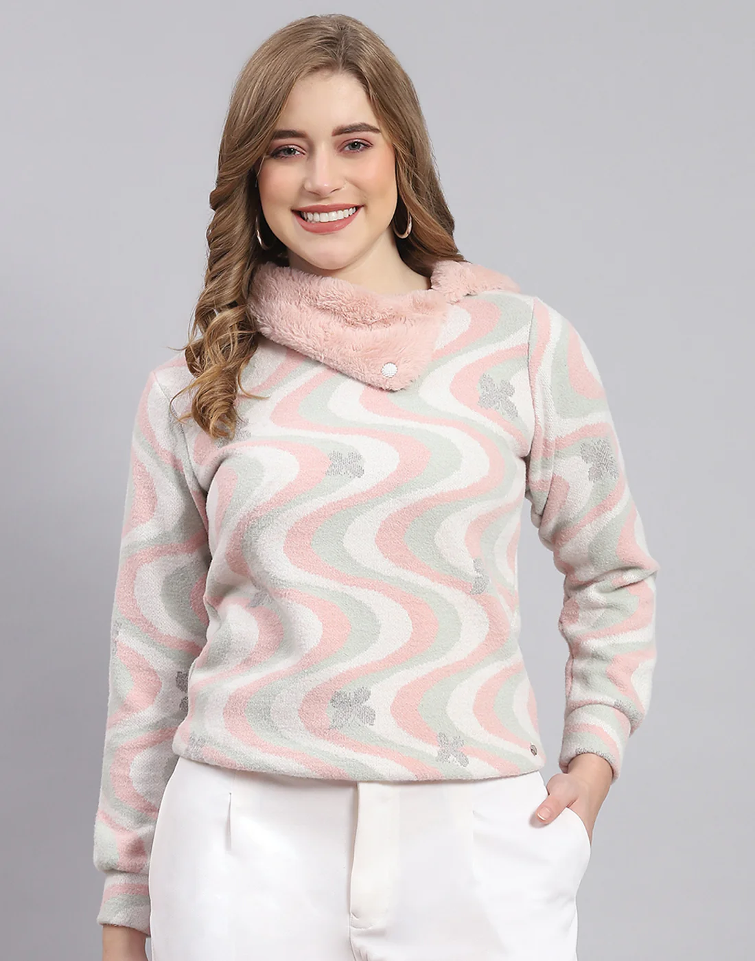 Women Pink Printed Collar Full Sleeve Sweatshirt - Image 2
