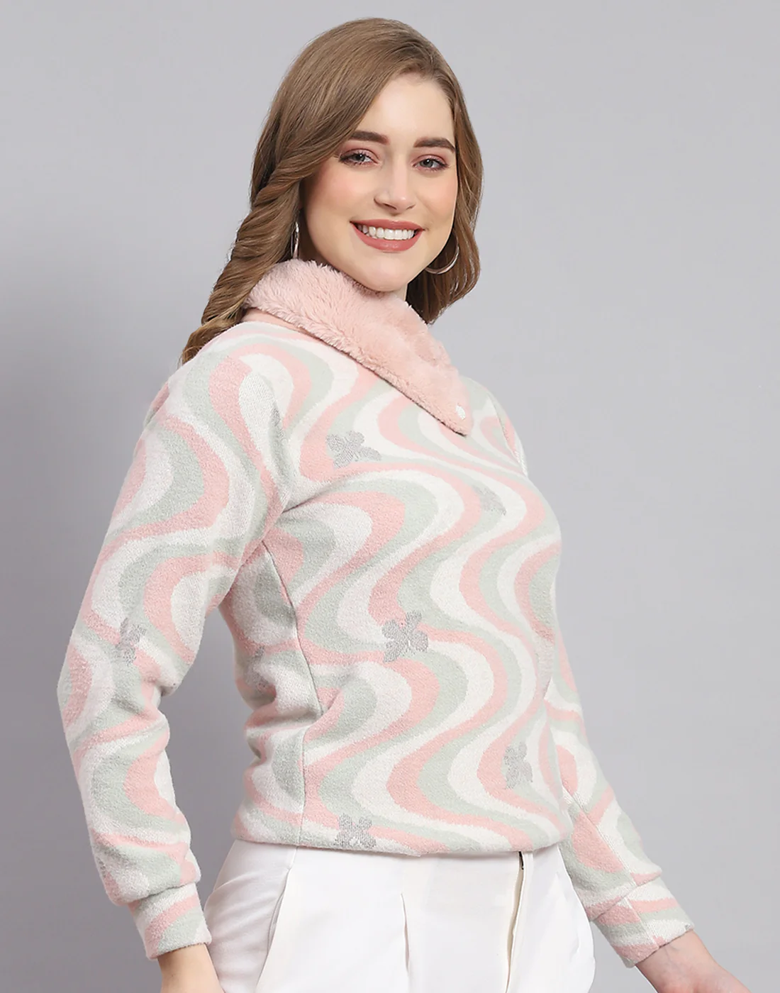 Women Pink Printed Collar Full Sleeve Sweatshirt - Image 4