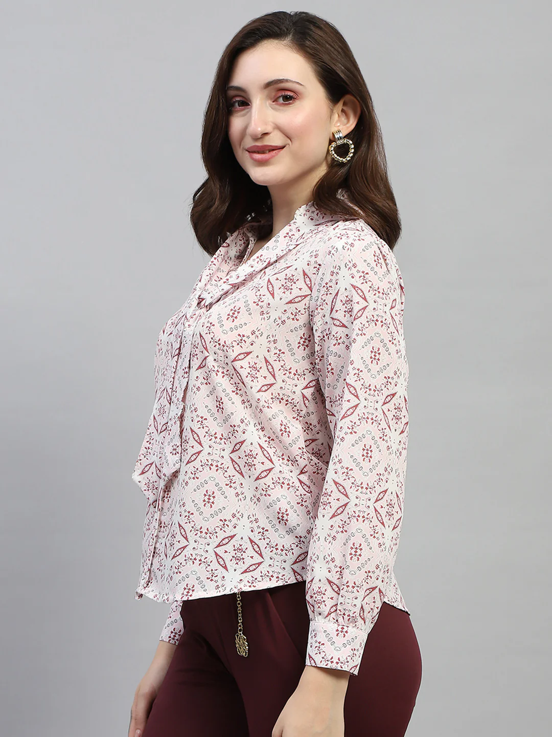 Women Pink Printed Collar Full Sleeve Top - Image 3