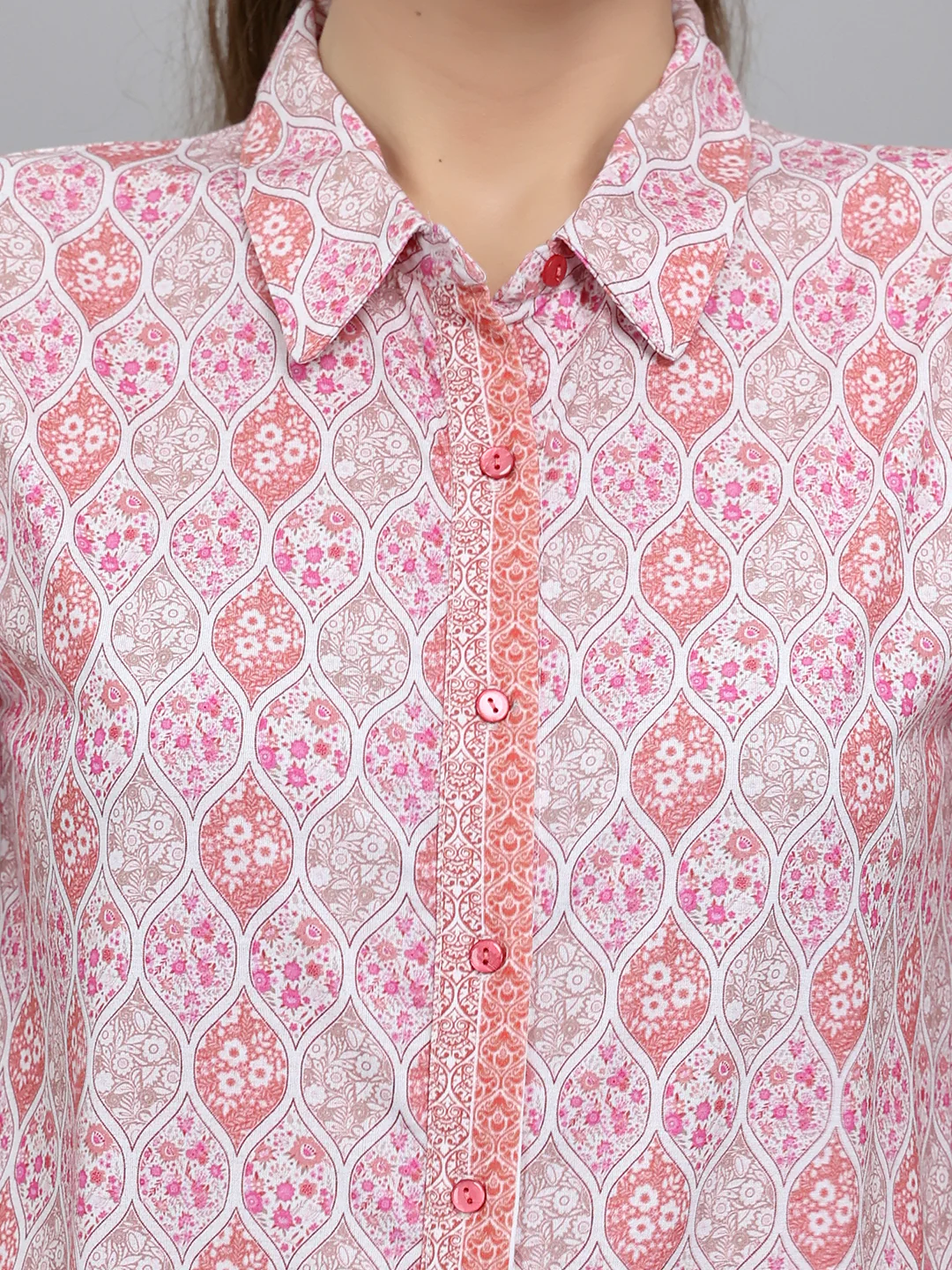Women Pink Printed Collar Half Sleeve Lower Set - Image 5