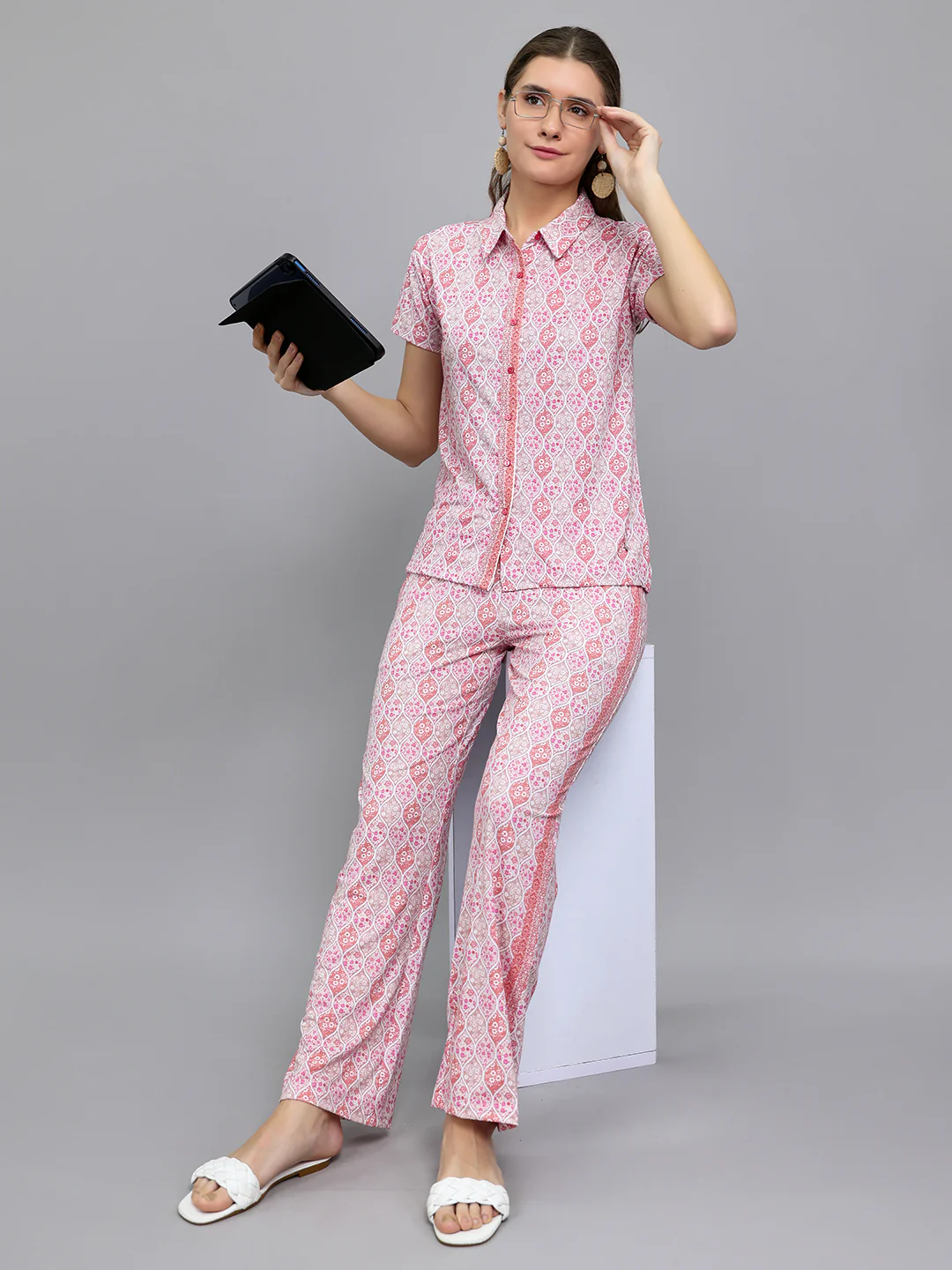 Women Pink Printed Collar Half Sleeve Lower Set - Image 6