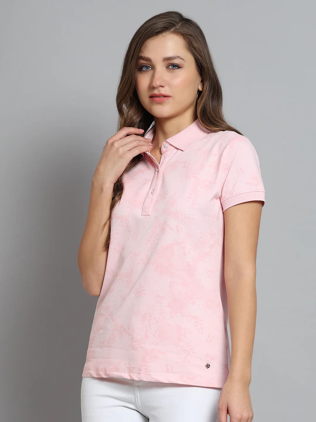 Women Pink Printed Collar Half Sleeve T-Shirt - Image 3