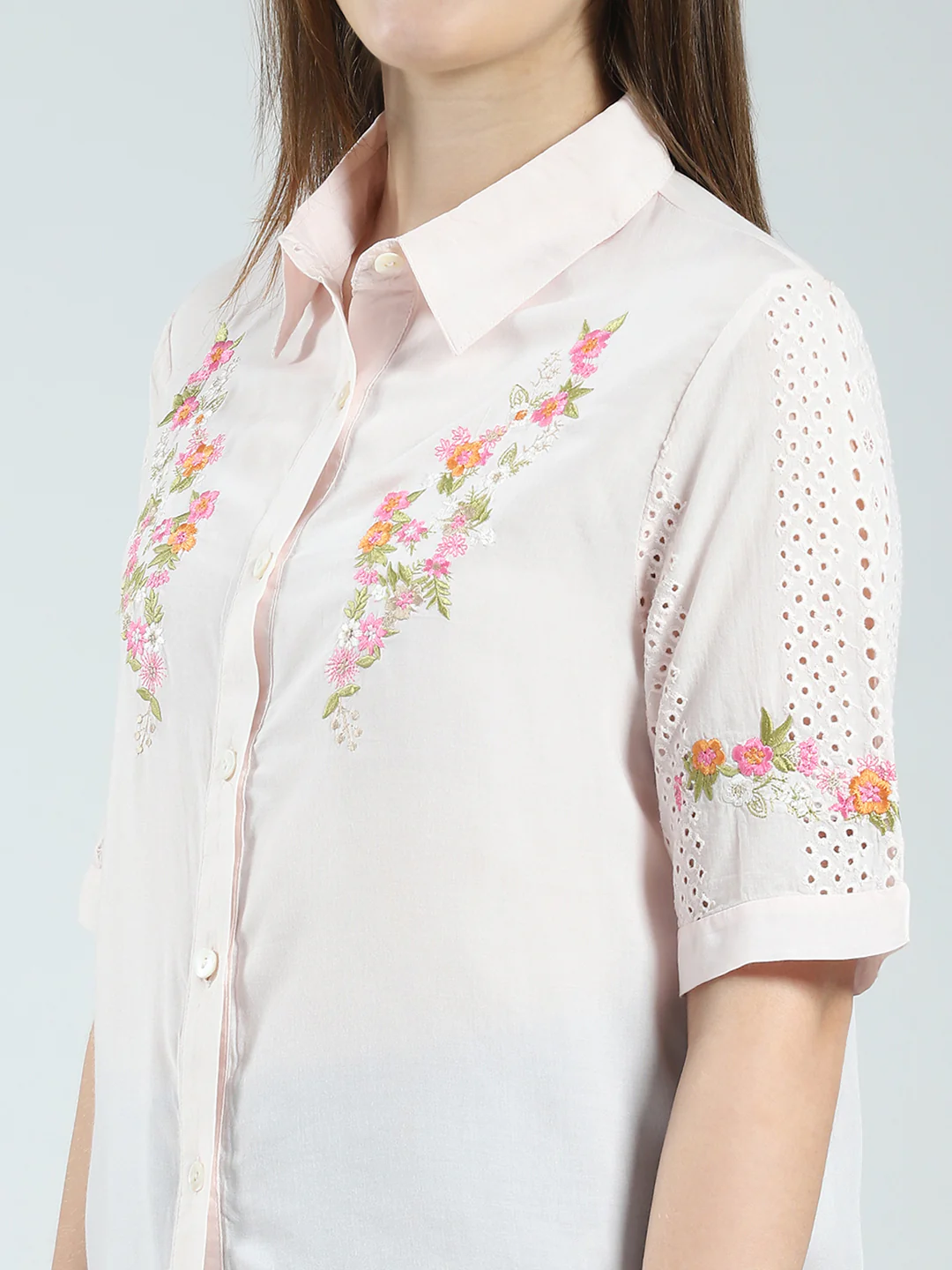 Women Pink Printed Collar Half Sleeve Top - Image 7