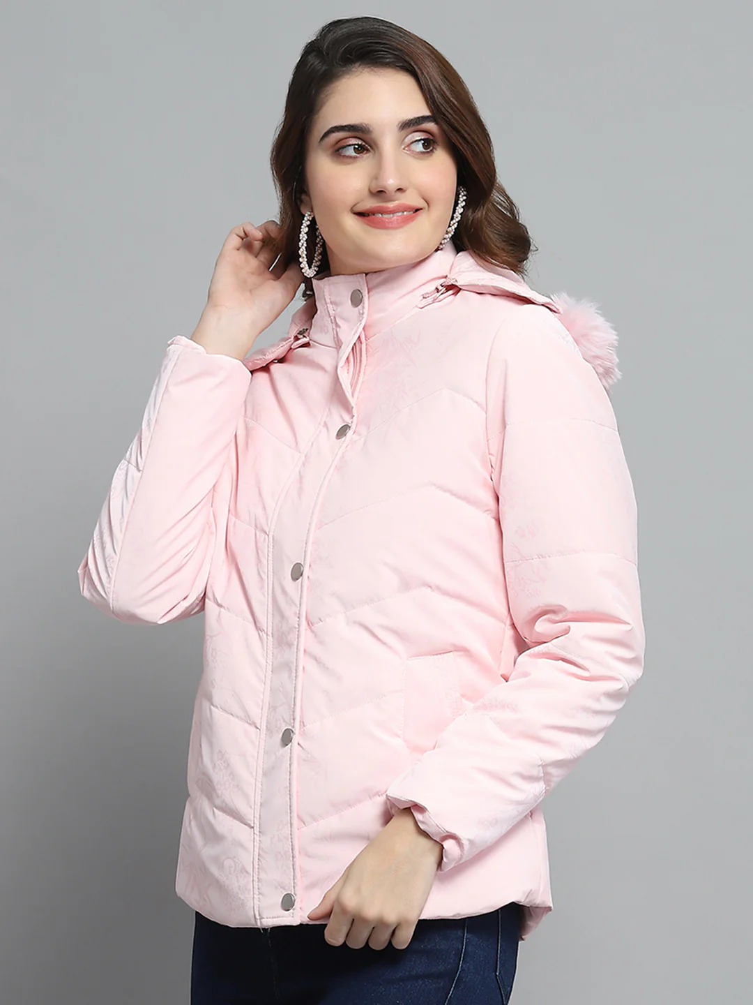 Women Pink Printed Detachable Hood Full Sleeve Jacket - Image 6