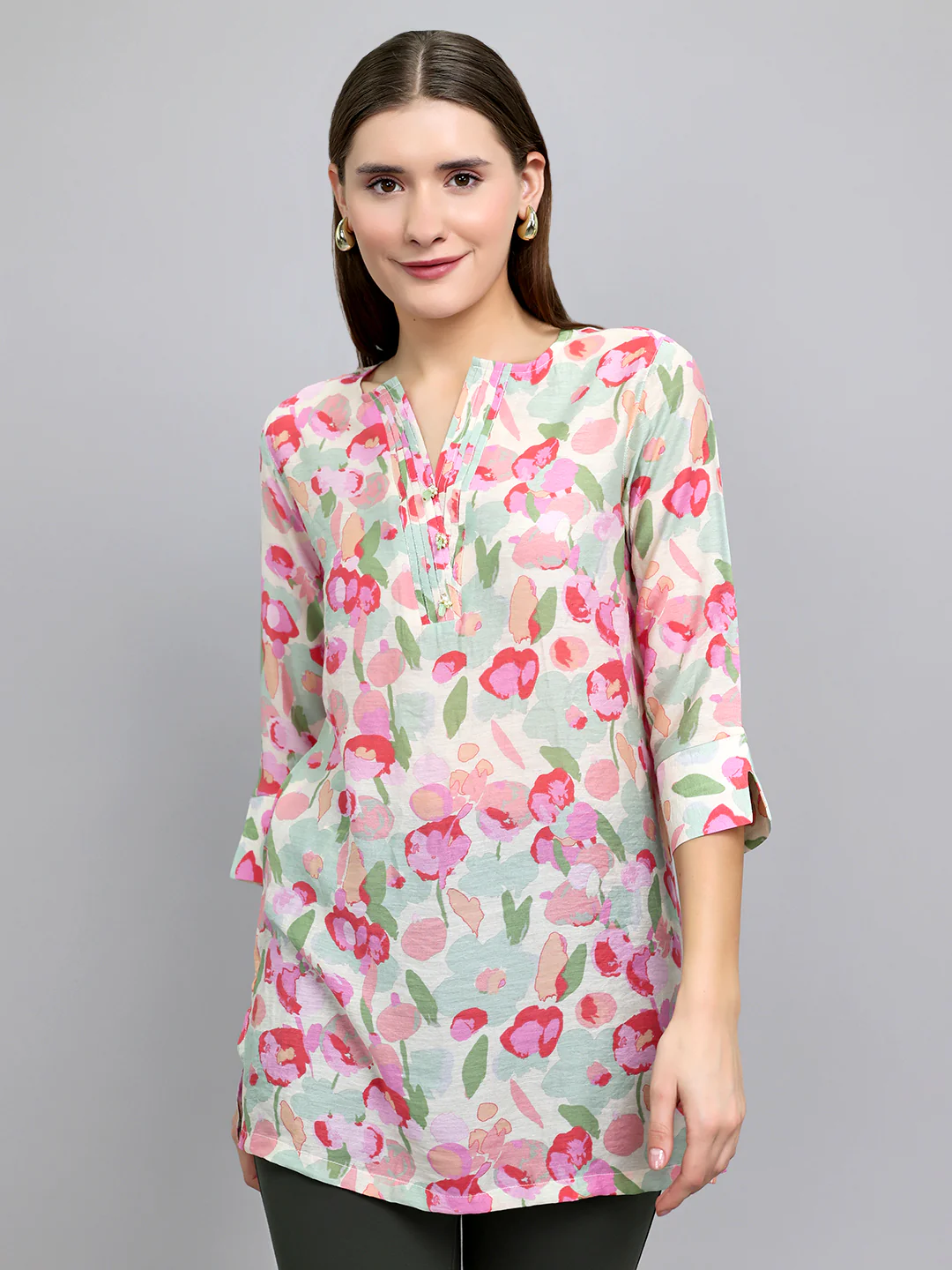 Women Pink Printed Fashion Neck 3/4th Sleeve Kurti