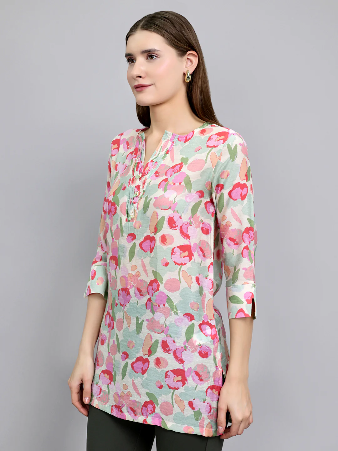 Women Pink Printed Fashion Neck 3/4th Sleeve Kurti - Image 2