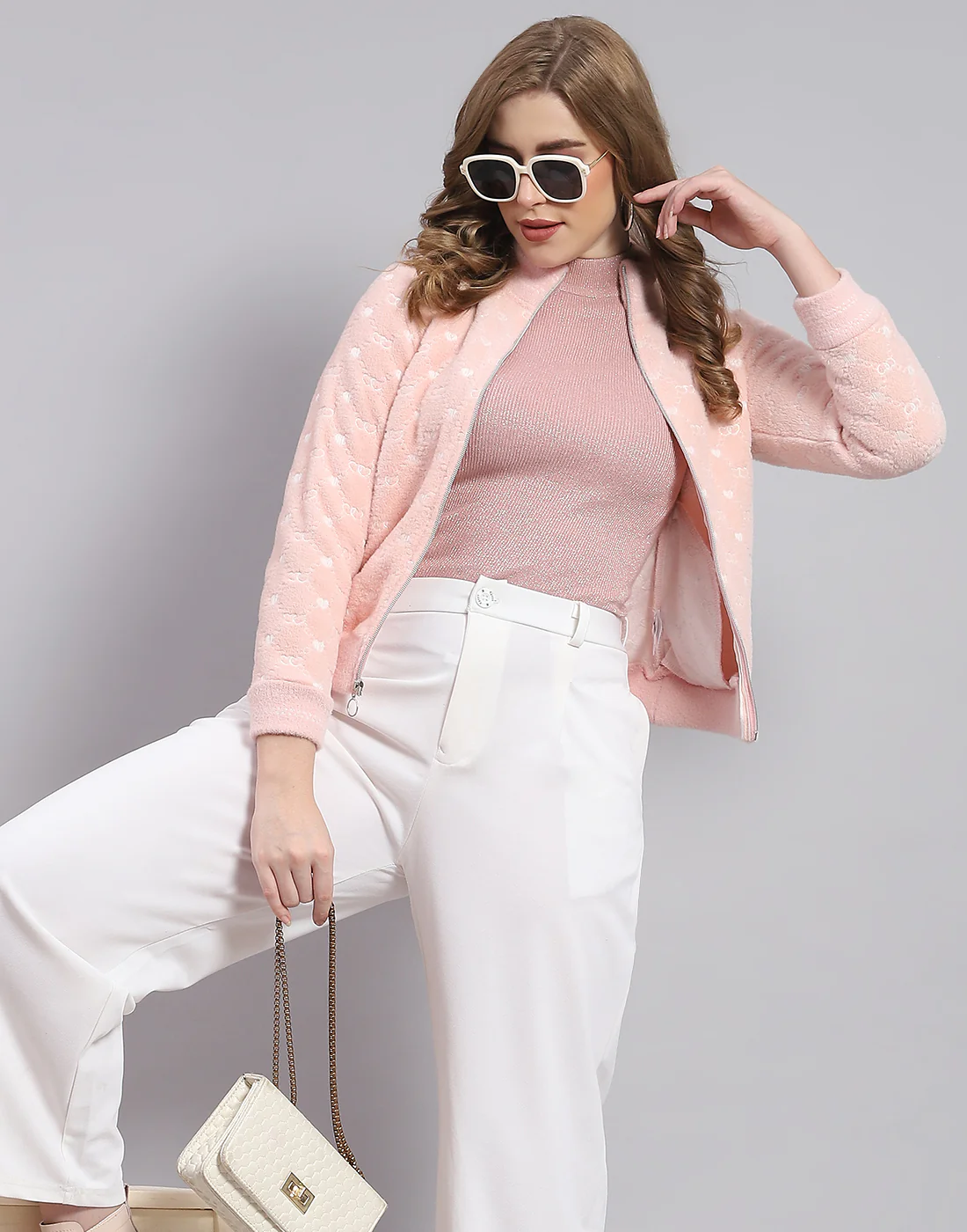 Women Pink Printed H Neck Full Sleeve Sweatshirt - Image 2