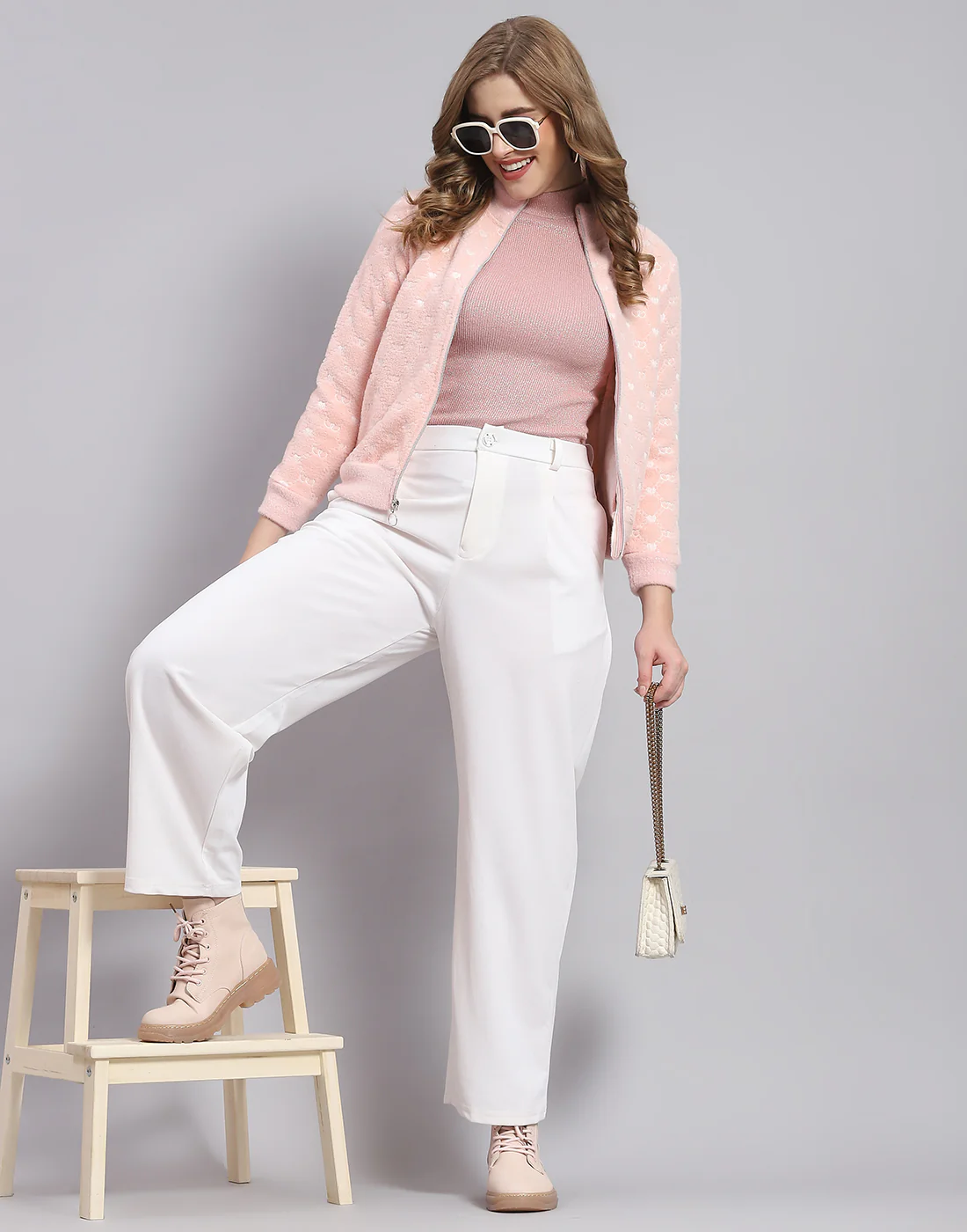 Women Pink Printed H Neck Full Sleeve Sweatshirt - Image 3