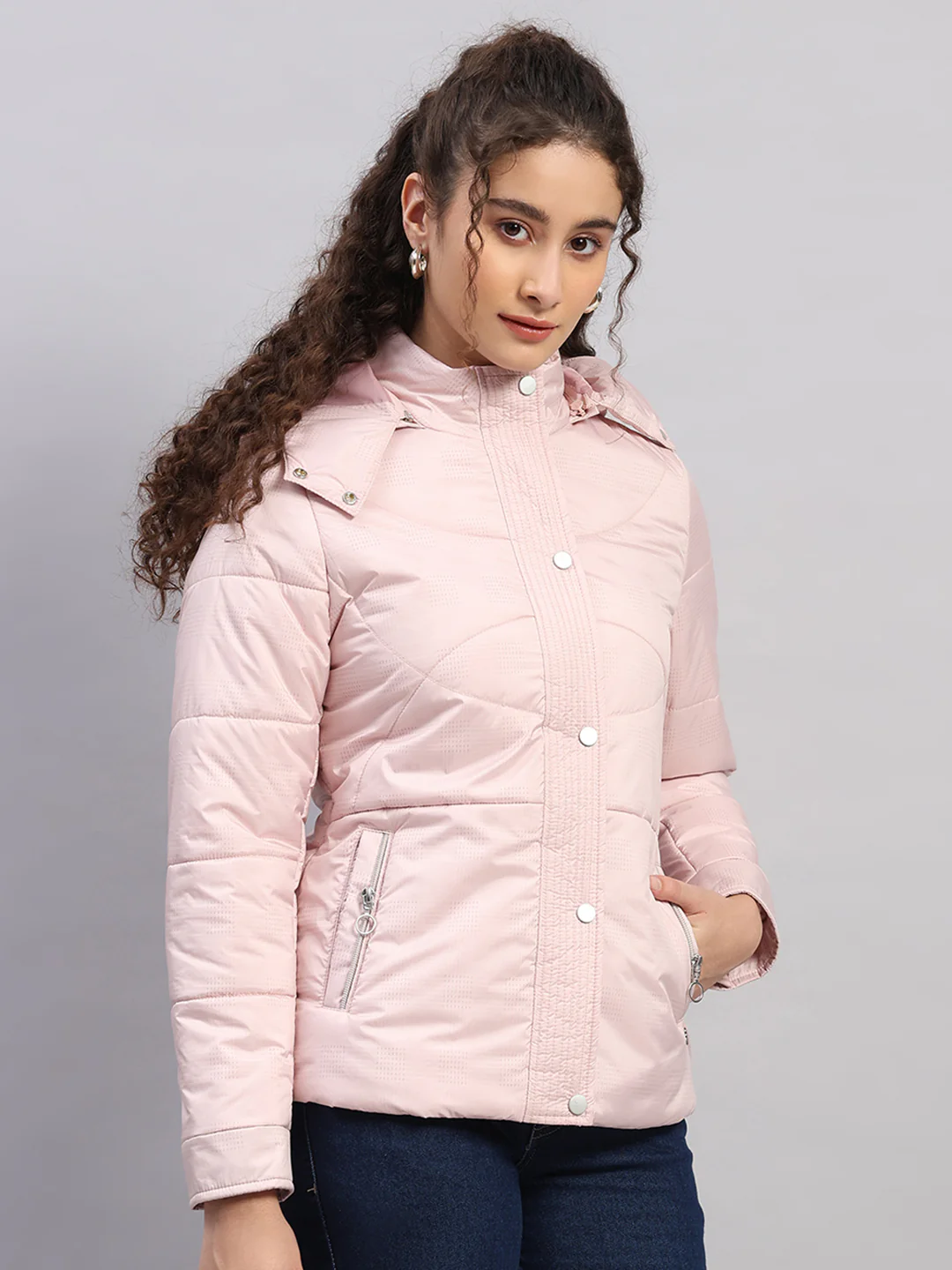 Women Pink Printed Hooded Full Sleeve Jacket - Image 4