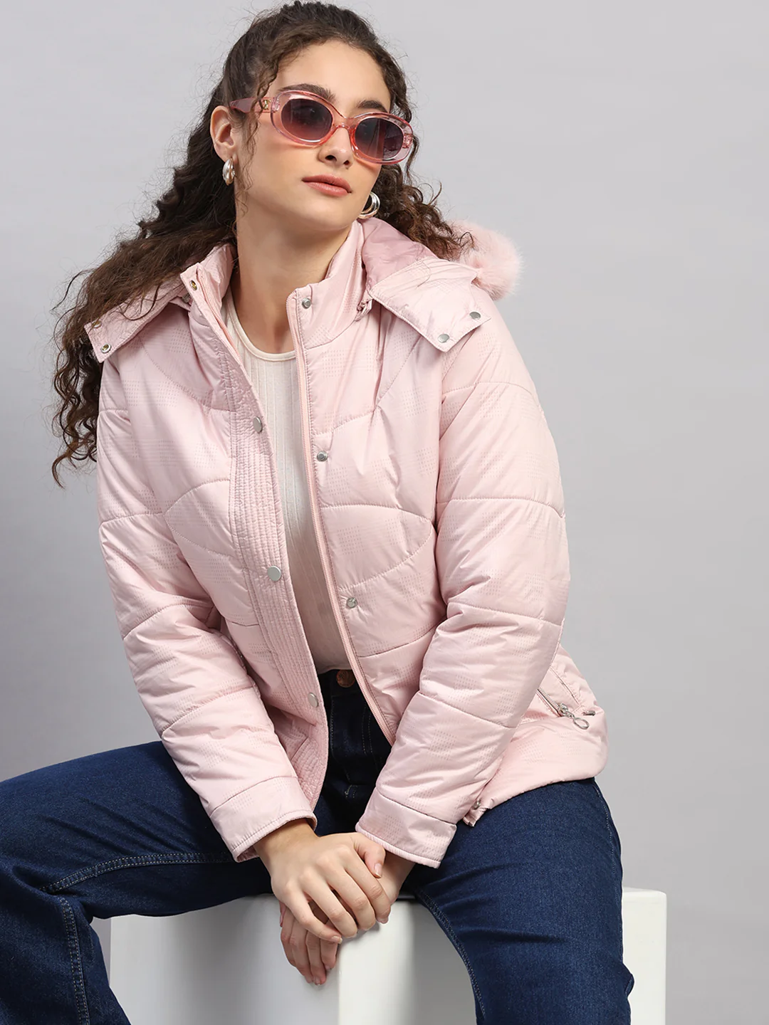 Women Pink Printed Hooded Full Sleeve Jacket - Image 6