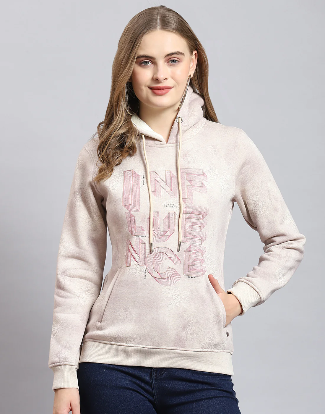 Women Pink Printed Hooded Full Sleeve Sweatshirt - Image 2