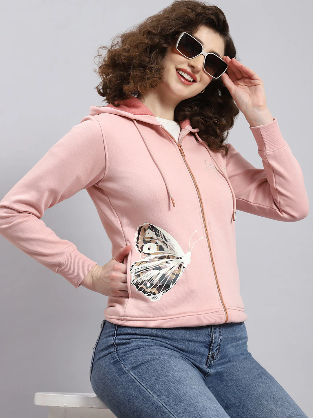 Women Pink Printed Hooded Full Sleeve Sweatshirt - Image 5