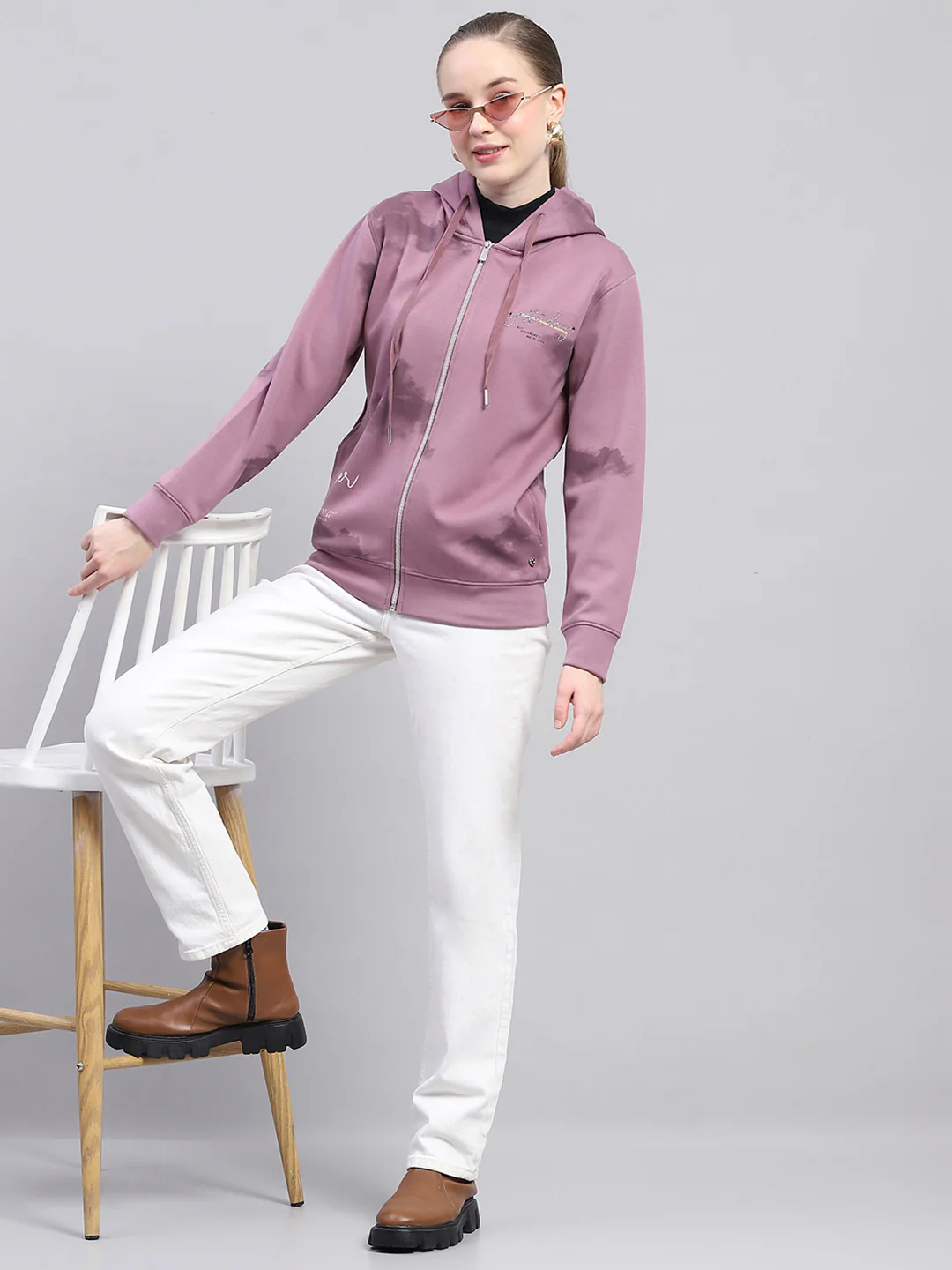 Women Pink Printed Hooded Full Sleeve Sweatshirt - Image 2