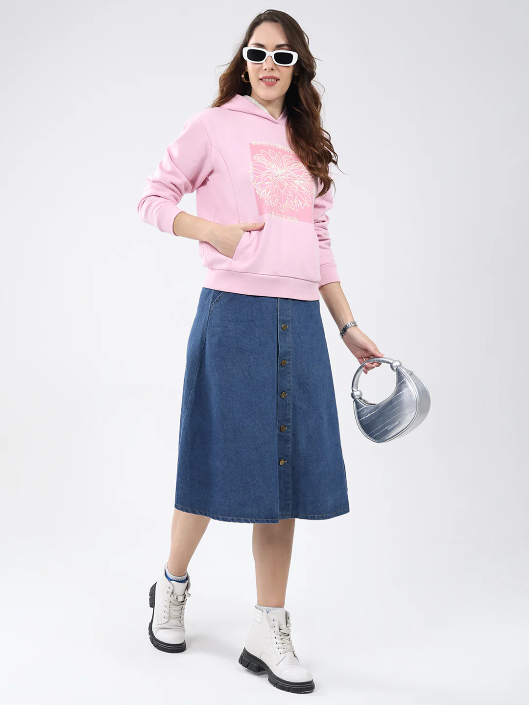 Women Pink Printed Hooded Full Sleeve Sweatshirt - Image 2