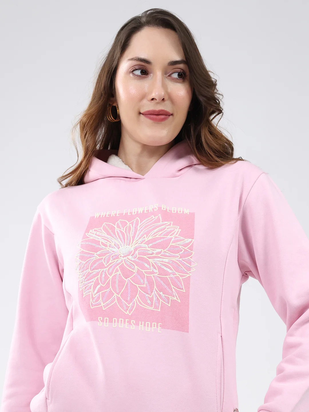 Women Pink Printed Hooded Full Sleeve Sweatshirt - Image 7