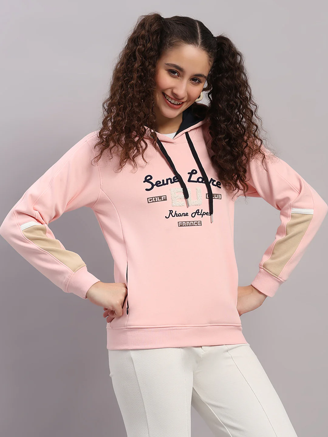 Women Pink Printed Hooded Full Sleeve Sweatshirt - Image 4