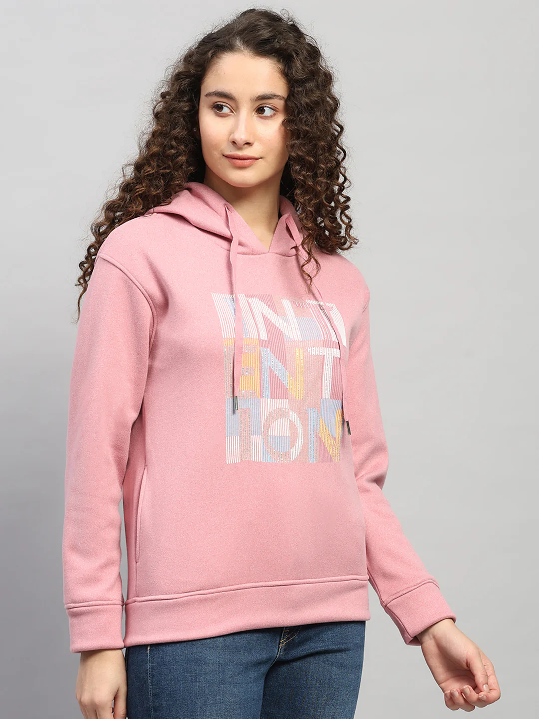 Women Pink Printed Hooded Full Sleeve Sweatshirt - Image 4