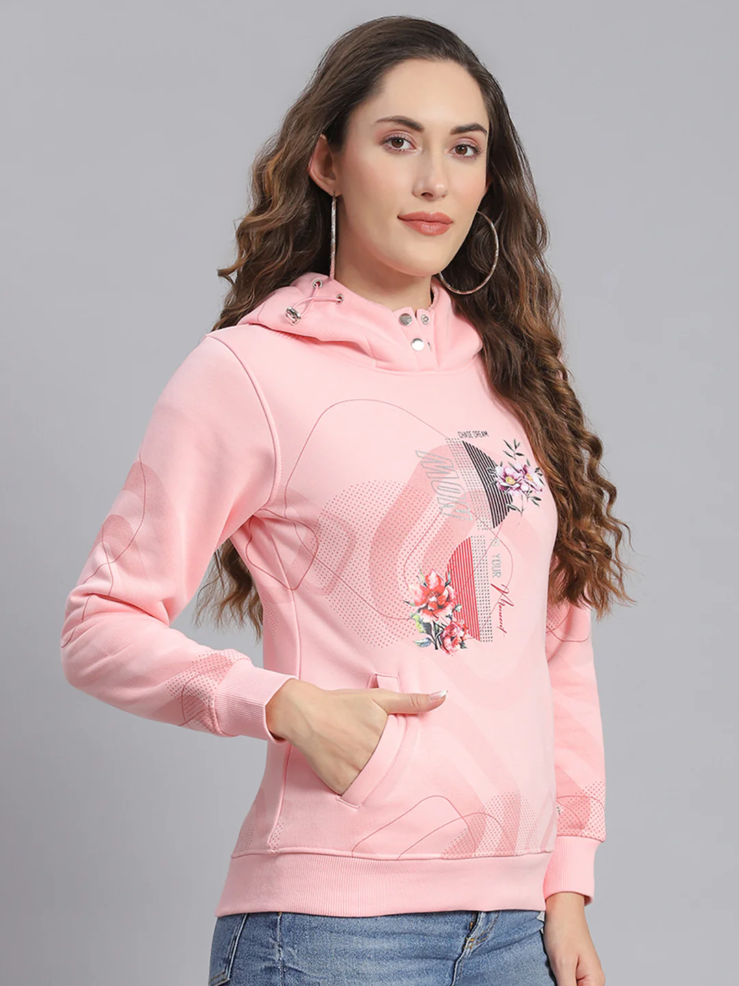 Women Pink Printed Hooded Full Sleeve Sweatshirts - Image 4