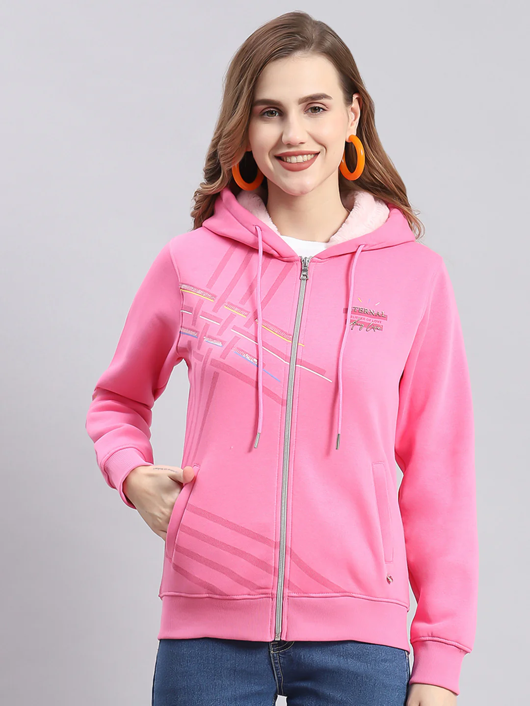 Women Pink Printed Hooded Full Sleeve Sweatshirts