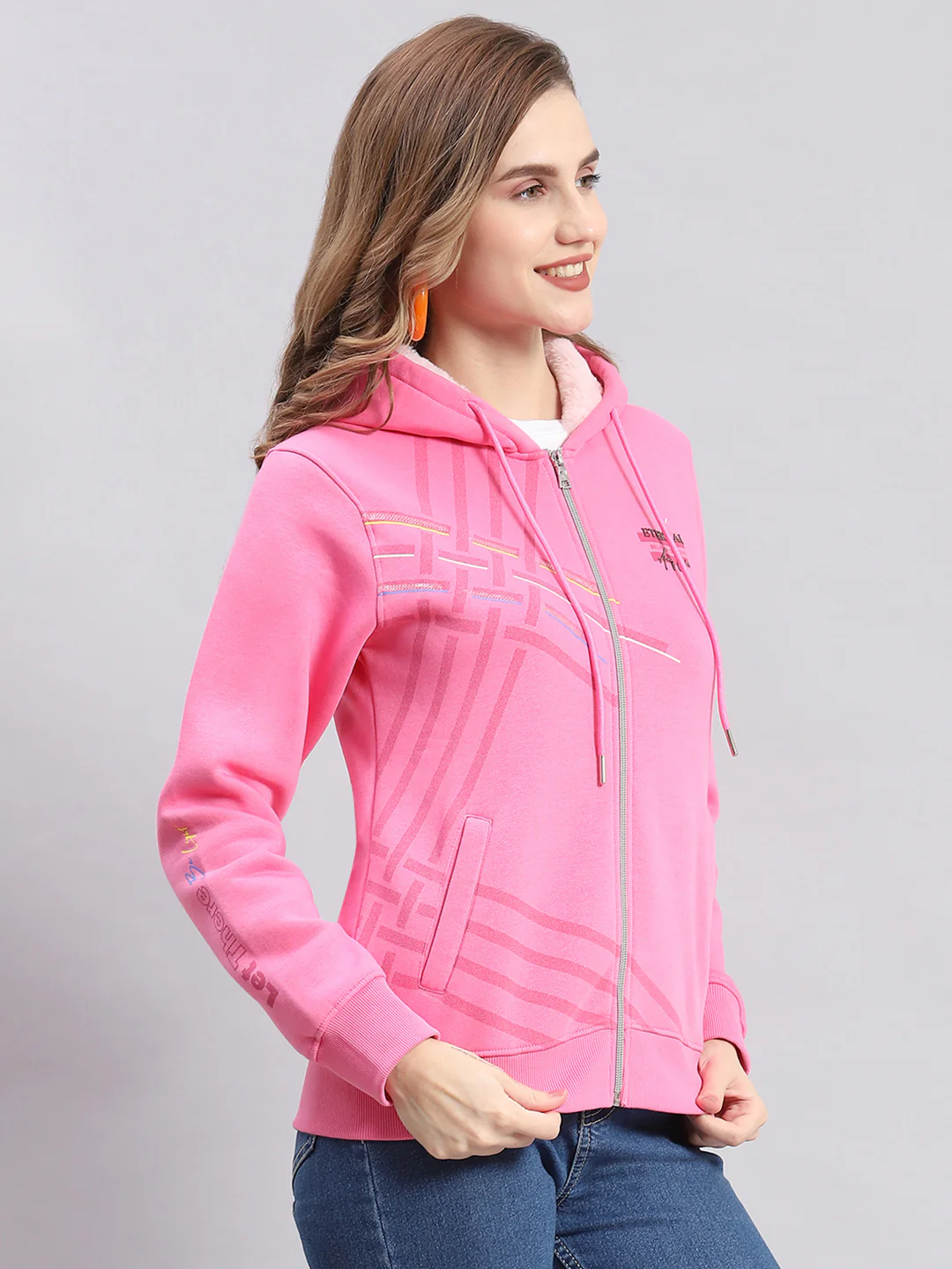 Women Pink Printed Hooded Full Sleeve Sweatshirts - Image 4
