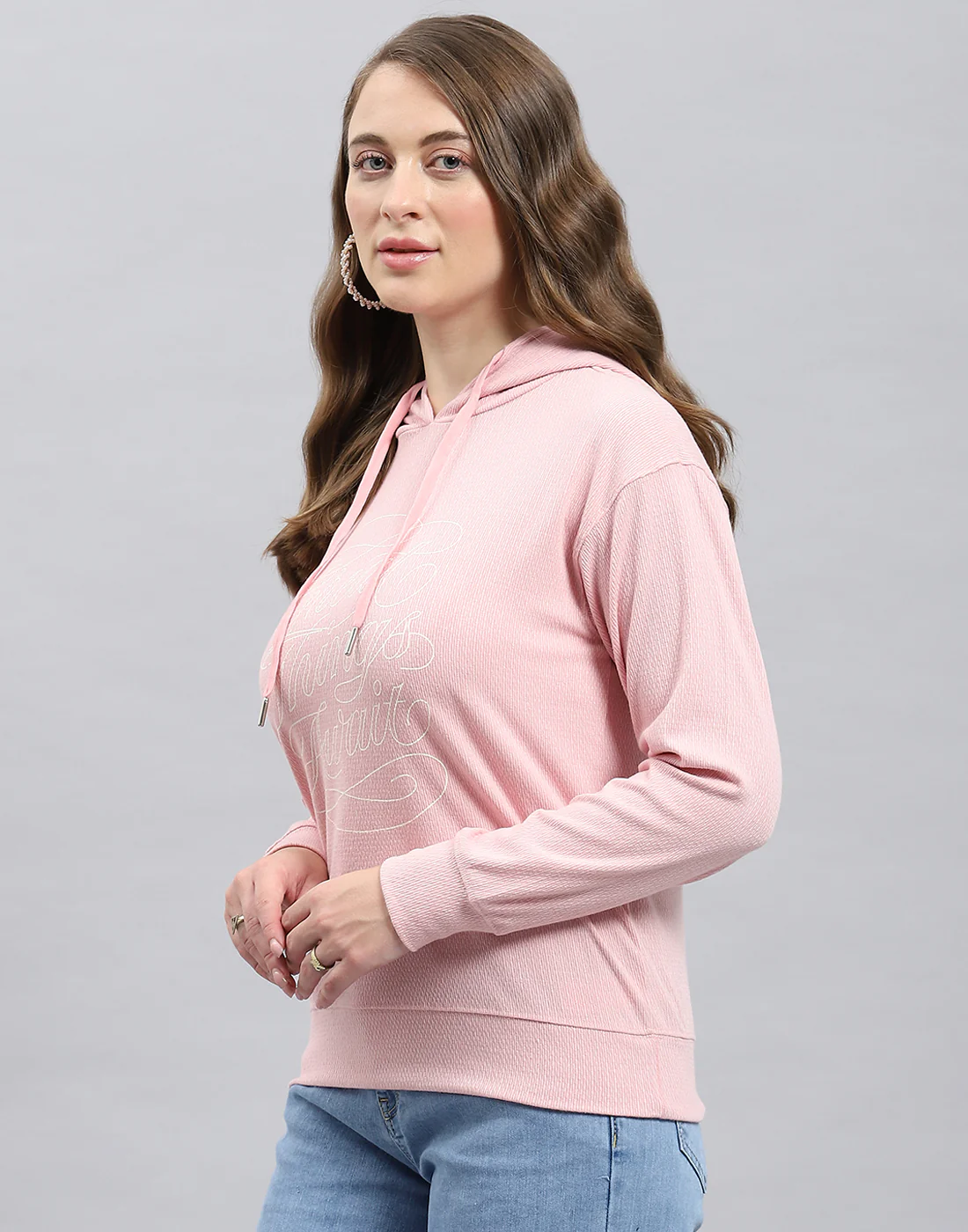 Women Pink Printed Hooded Full Sleeve Winter Top - Image 3
