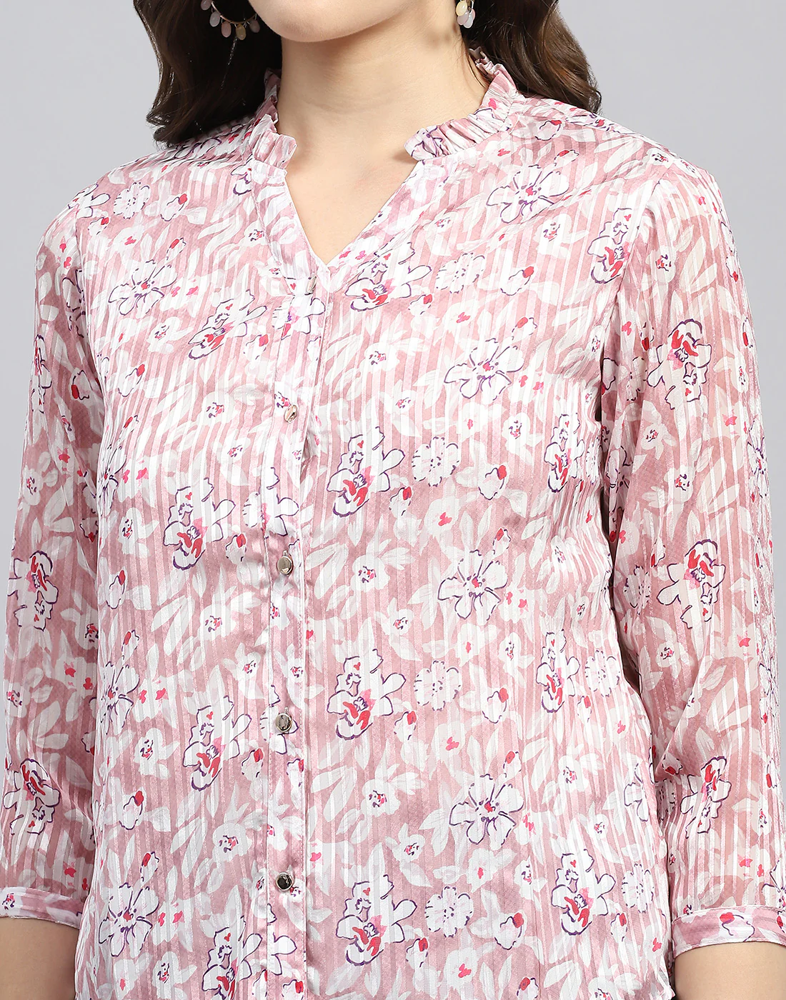 Women Pink Printed Mandarin Neck 3/4 Sleeve Top - Image 6