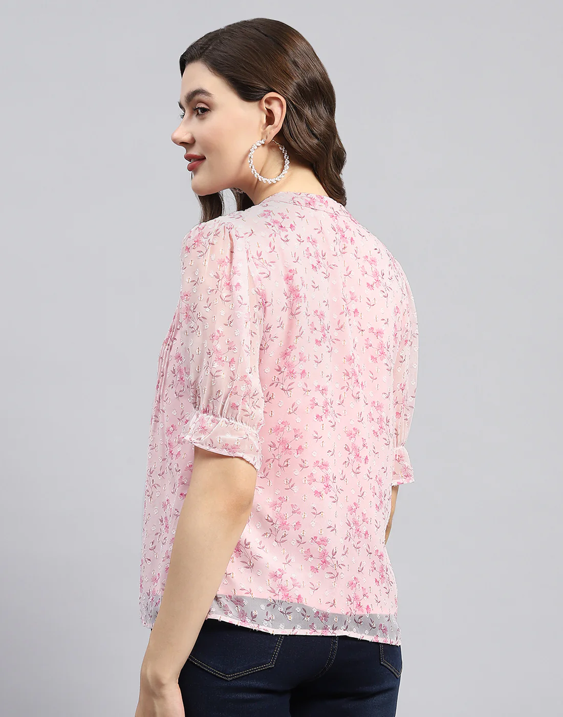 Women Pink Printed Mandarin Neck Half Sleeve Top - Image 6