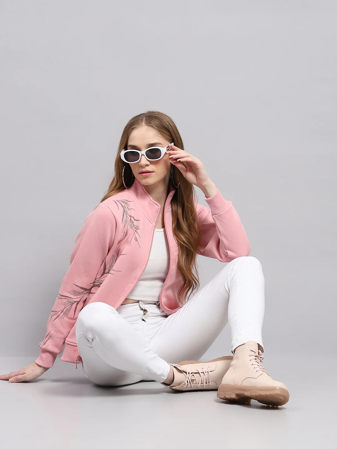 Women Pink Printed Mock Neck Full Sleeve Sweatshirt - Image 2