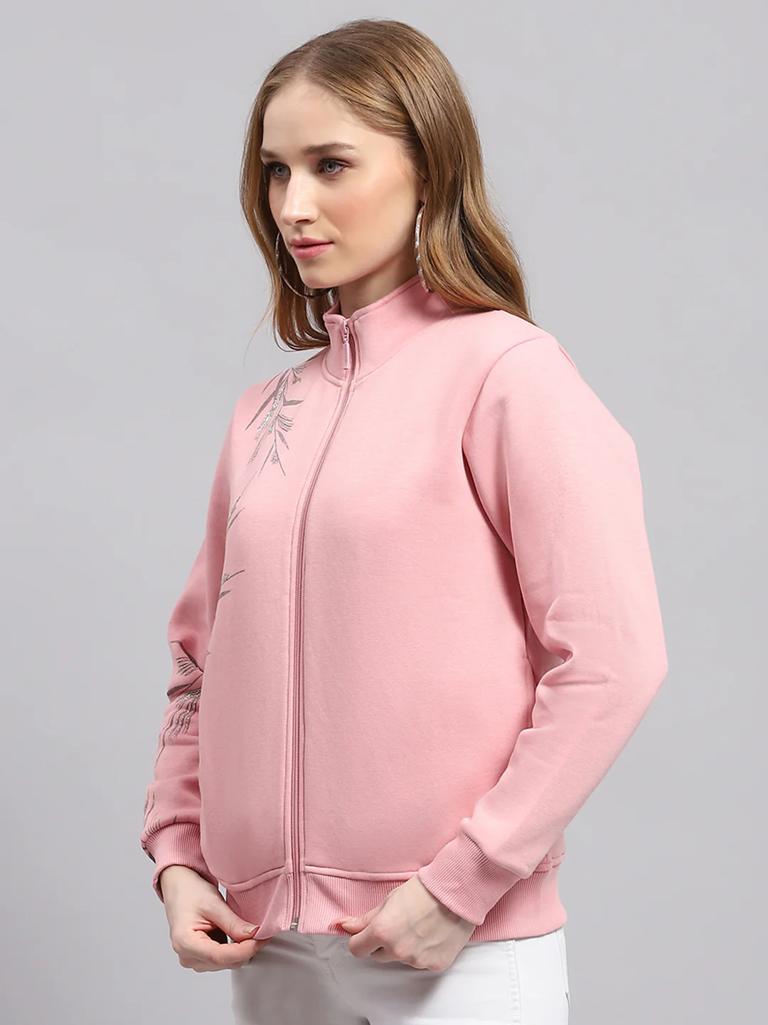 Women Pink Printed Mock Neck Full Sleeve Sweatshirt - Image 3