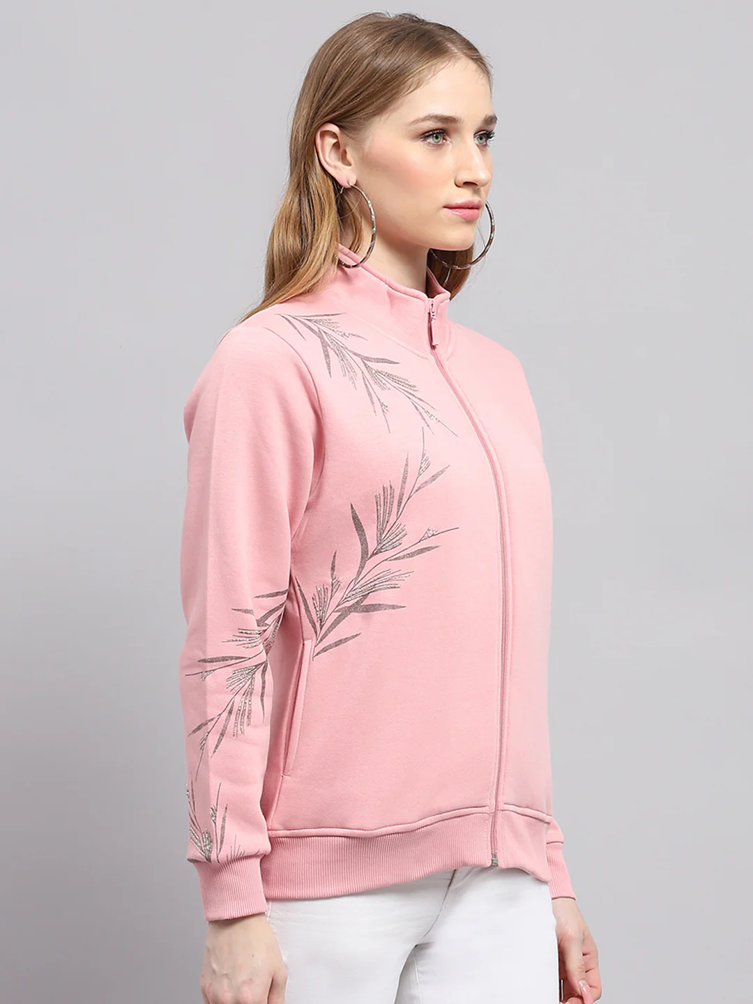 Women Pink Printed Mock Neck Full Sleeve Sweatshirt - Image 4